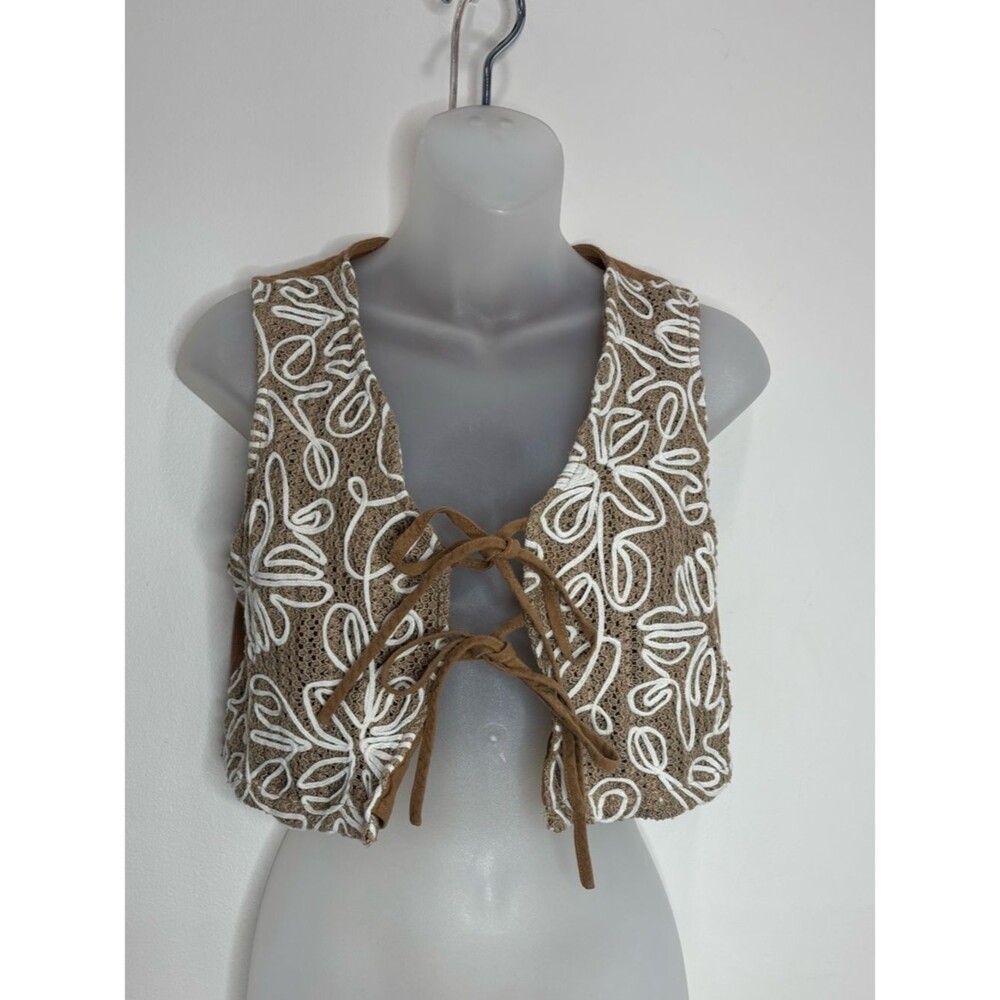 100% Cotton tie front vest Brown White Embroidery size medium boho festival
